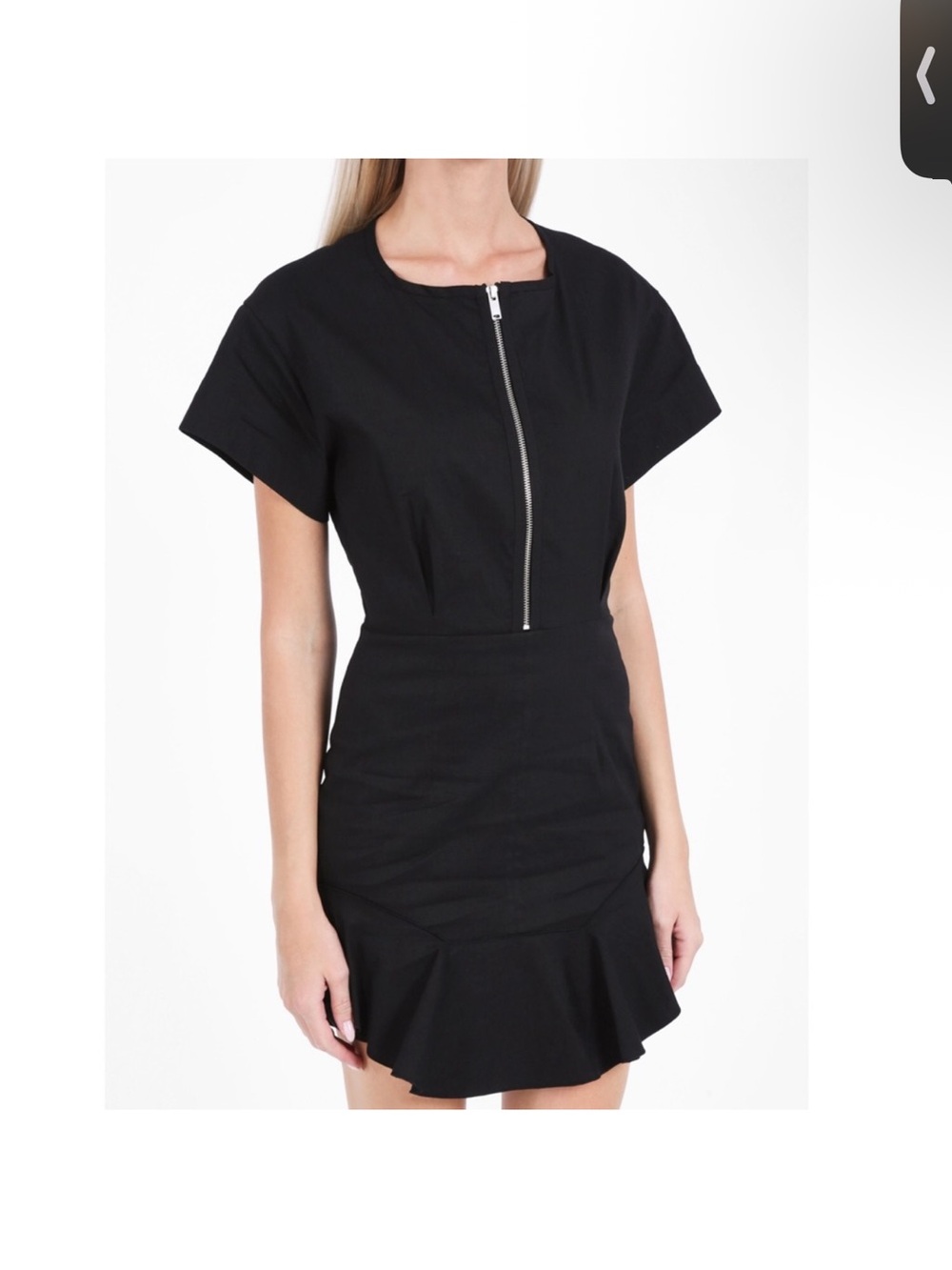 Black Short Sleeve Zip-Front Ruffle Hem Dress